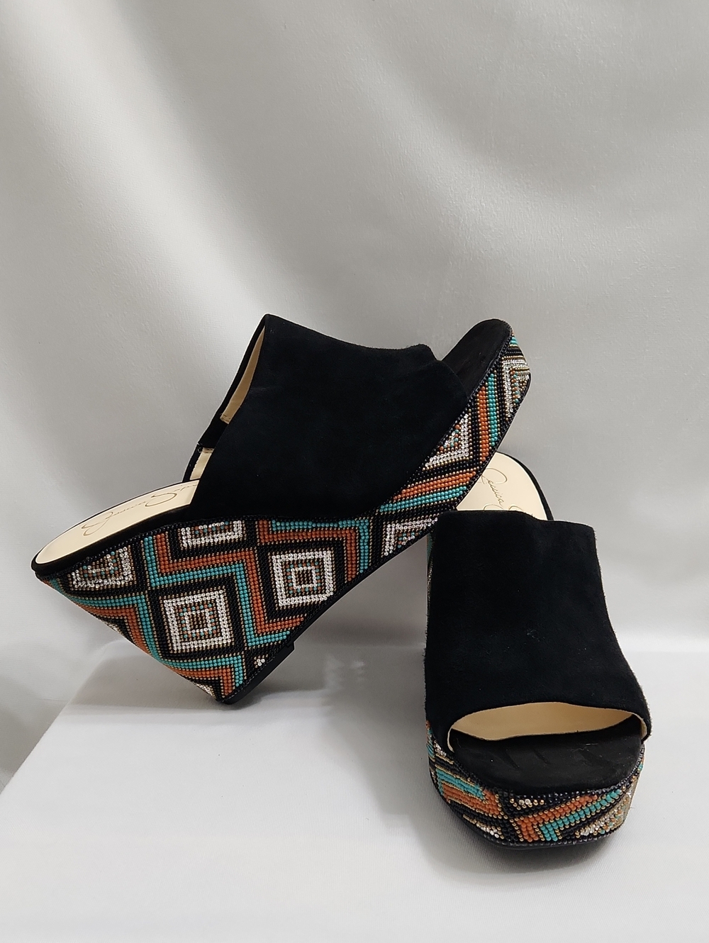Jessica Simpson Shantelle Platform Black Leather Beaded Wedge Mules (Size 12)